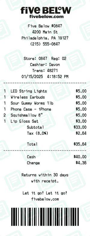 Five Below receipt template