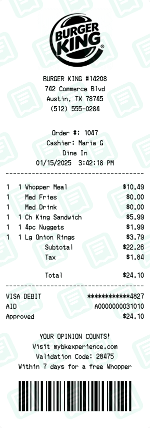 Burger King receipt template