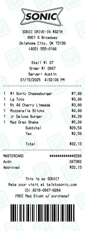 Sonic Drive-In receipt template