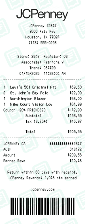 JCPenney receipt template