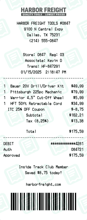Harbor Freight Tools receipt template