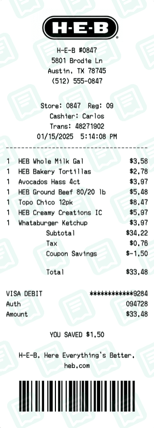 H-E-B receipt template