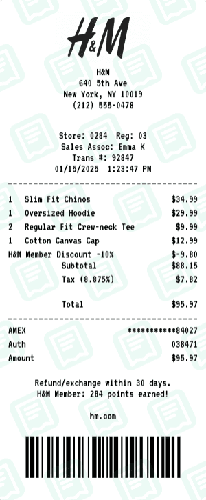 H&M receipt template