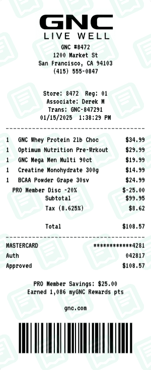GNC receipt template