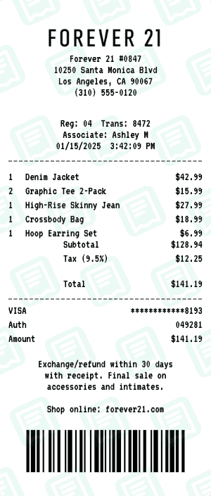 Forever 21 receipt template