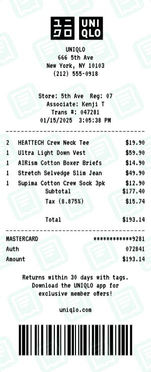 UNIQLO receipt template