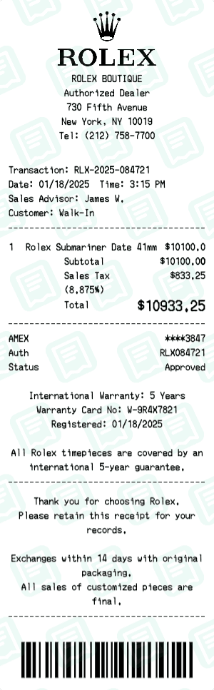 Rolex receipt template