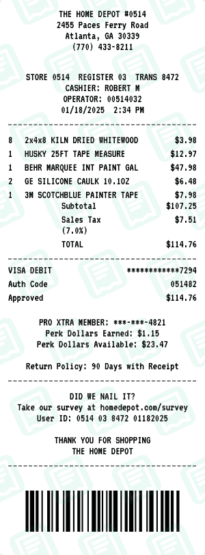 Home Depot receipt template