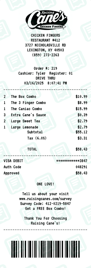 Raising Cane's receipt template