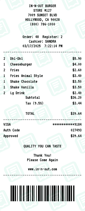 In-N-Out Burger receipt template