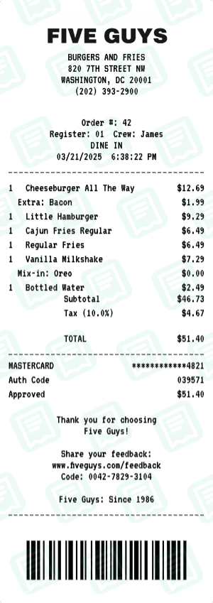 Five Guys receipt template