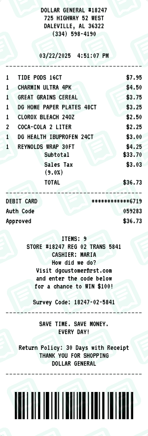 Dollar General receipt template